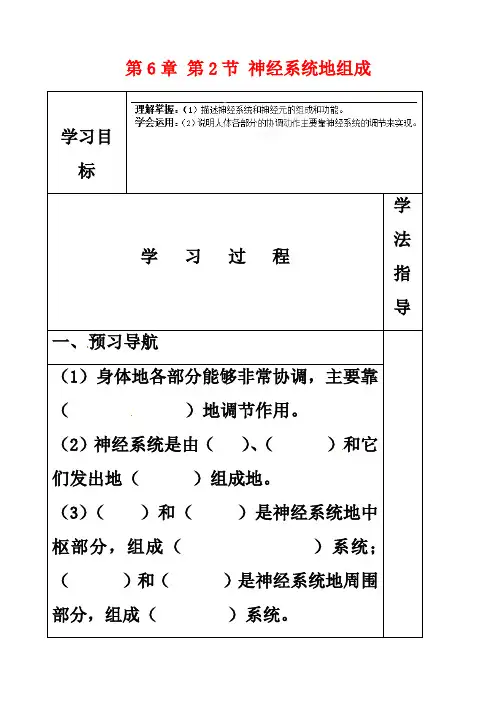 最新人教版七年级生物下册第4单元第6章第2节神经系统的组成 导学案