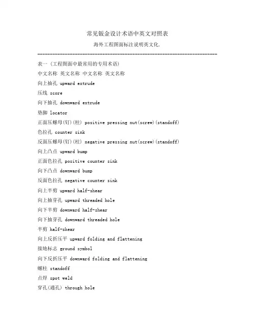 常见钣金设计术语中英文对照表