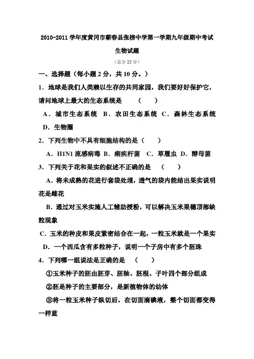 2010-2011学年度黄冈市蕲春县张榜中学第一学期九年级期中考试