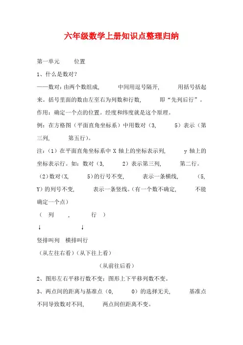 六年级数学上册知识点整理归纳 复习试卷试题