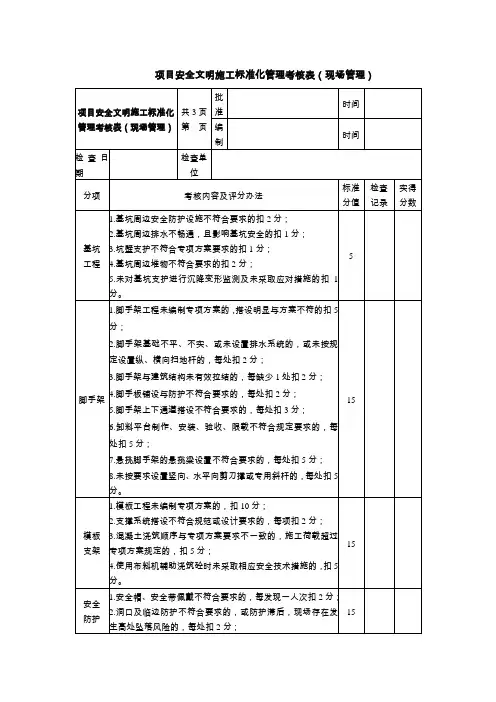 项目安全文明施工标准化管理考核表
