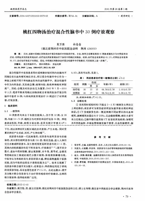 桃红四物汤治疗混合性脑卒中30例疗效观察