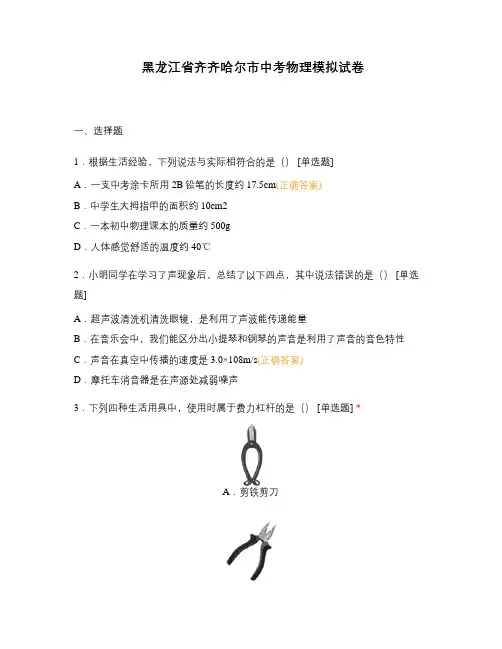 黑龙江省齐齐哈尔市中考物理模拟试卷 (1)