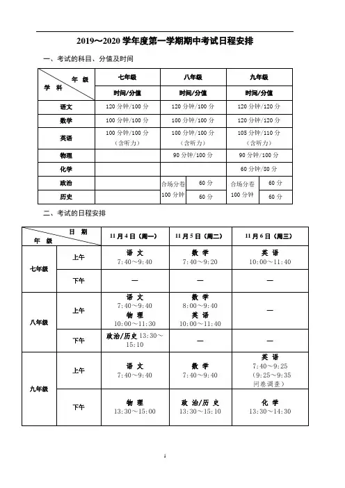 2019~2020学年度第一学期期中考试日程安排