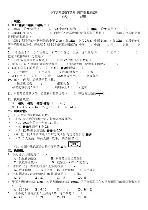 北师大版小学数学六年级总复习数与代数测试卷