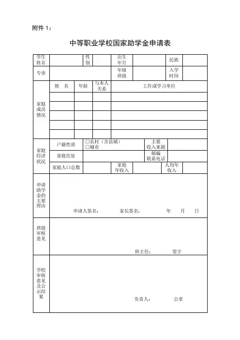 中等职业学校国家助学金申请表