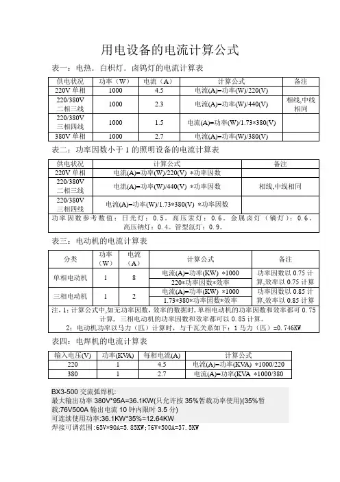 用电设备的电流计算公式