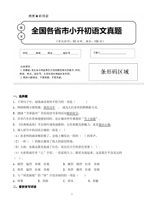 【小升初】2020年吉林省白城市小升初语文毕业会考试题含答案(全网唯一)