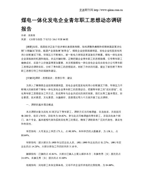 煤电一体化发电企业青年职工思想动态调研报告
