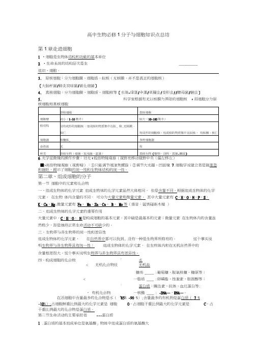 【人教版】高中生物必修1分子与细胞知识点总结