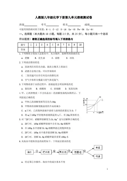 人教版九年级化学下册第九单元溶液检测卷(含答案)