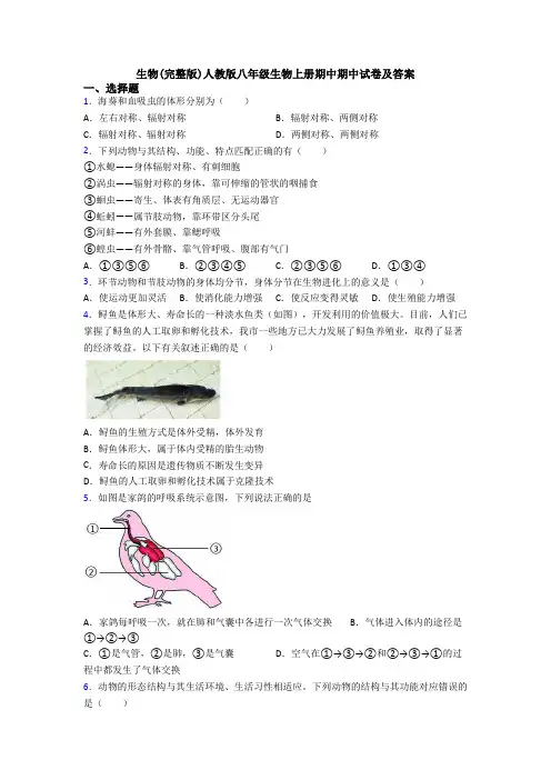 生物(完整版)人教版八年级生物上册期中期中试卷及答案