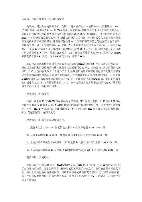 张津镭：金银连续疯狂  今日回落盘整