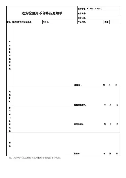 成品检验和过程检验用不合格品通知单