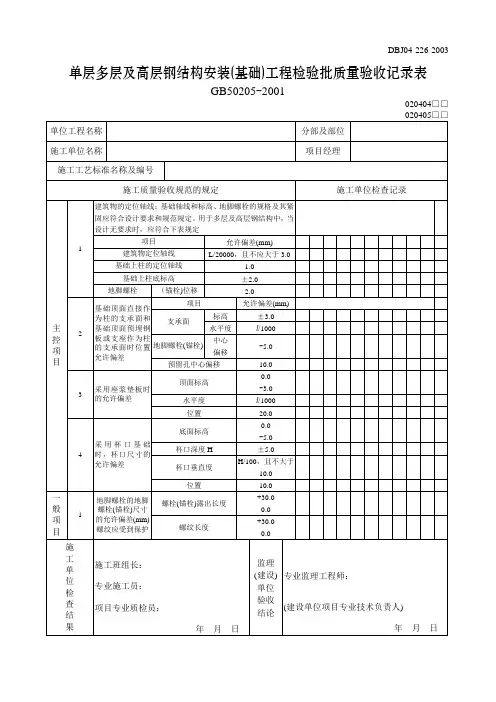 【工程文档】单层多层及高层钢结构安装(基础)工程检验批质量验收记录表
