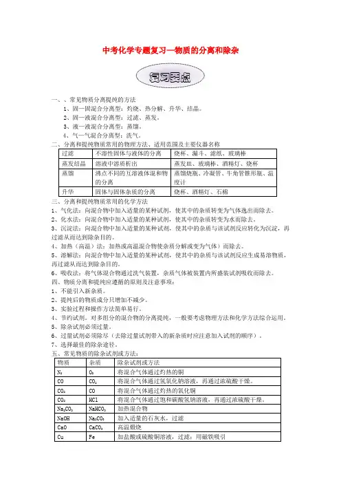 中考化学专题复习 物质的分离和除杂
