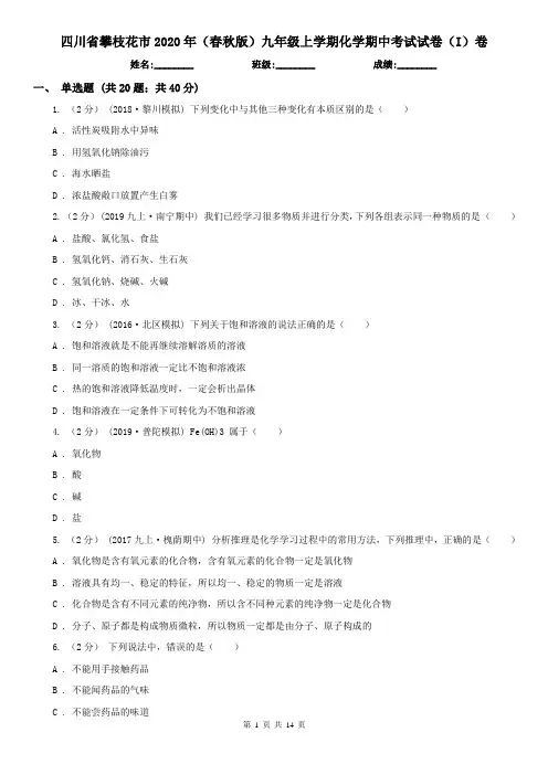 四川省攀枝花市2020年(春秋版)九年级上学期化学期中考试试卷(I)卷