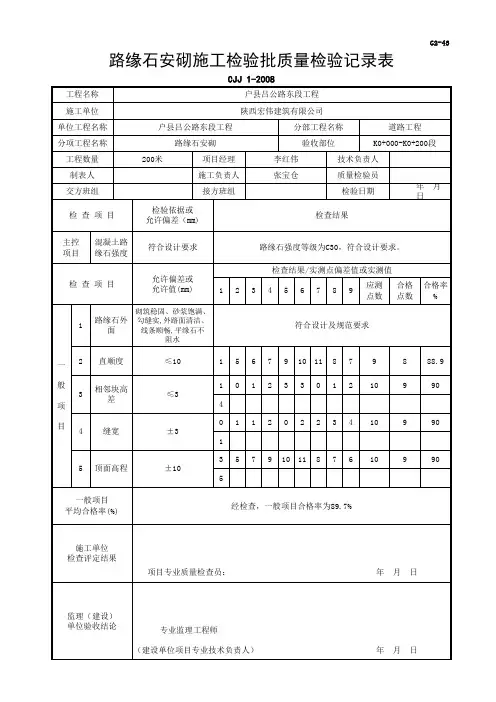 路缘石安砌检验批质量验收记录表