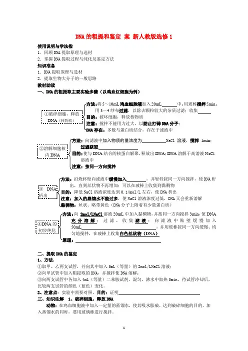 高二生物(新人教版选修1)学案：课题1第2课时《DNA的粗提和鉴定》