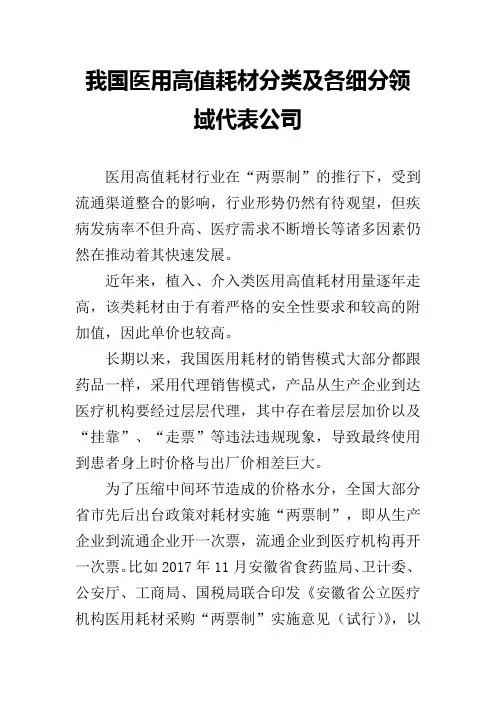 我国医用高值耗材分类及各细分领域代表公司