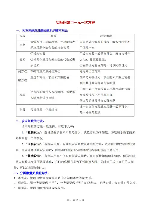 初一上册数学一元一次方程与实际问题知识梳理