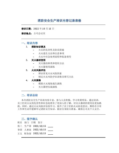 消防安全生产培训内容记录表格
