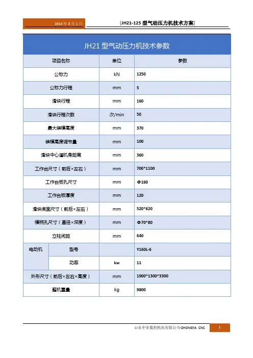 JH21-125气动冲床技术方案