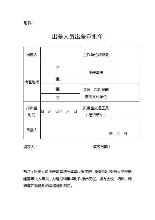 出差人员出差审批单