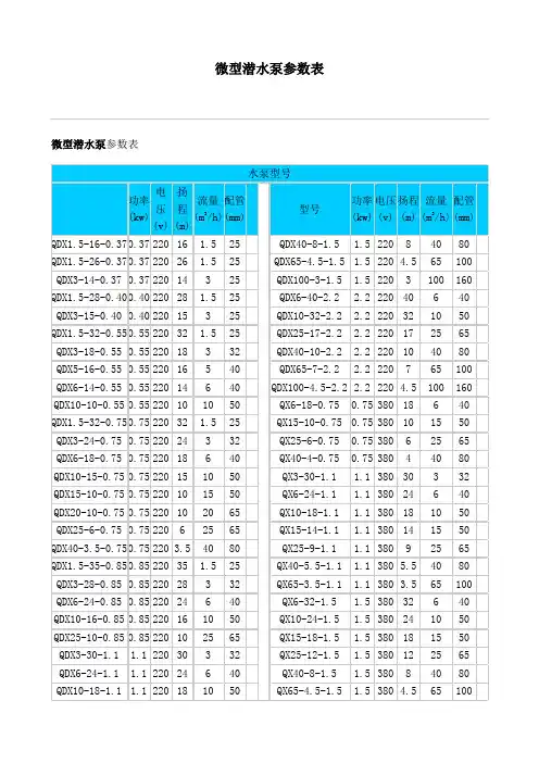 微型潜水泵参数表