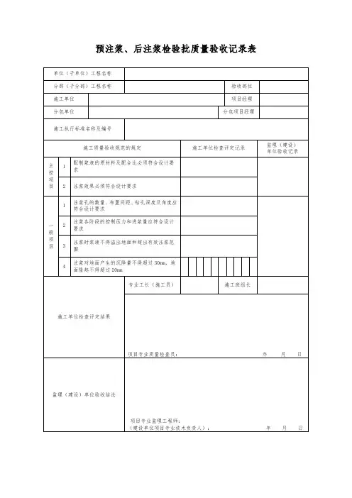 预注浆、后注浆检验批质量验收记录表