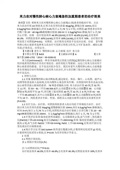 米力农对慢性肺心病心力衰竭急性加重期患者的治疗效果