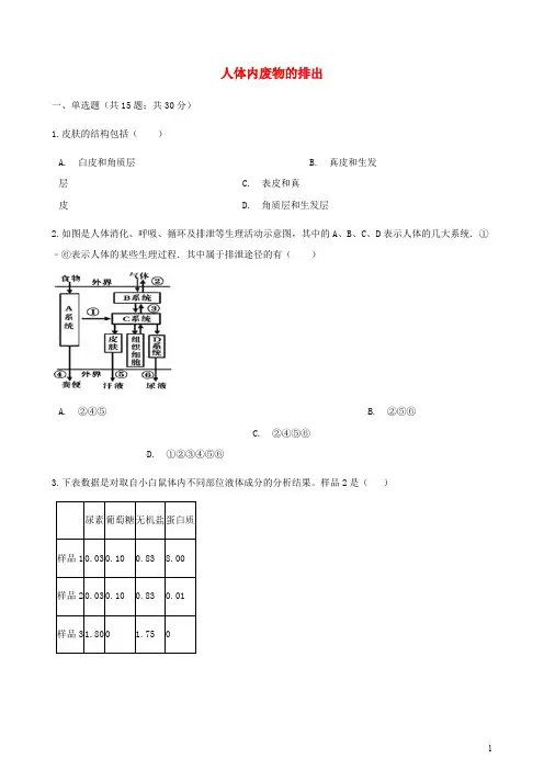 人教版七年级生物下册第五章人体内废物的排出同步测试