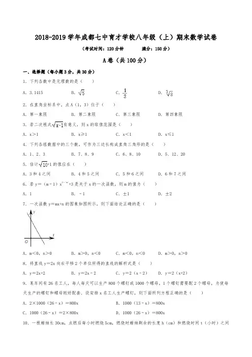 2018-2019学年成都七中育才学校八年级(上)期末数学试卷(含解析)