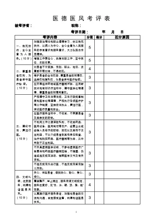 医德医风考评表 2