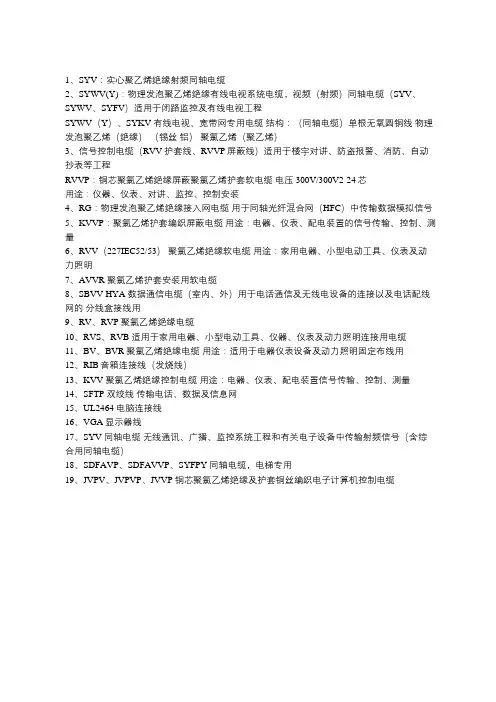 电缆电线规格型号字母含义