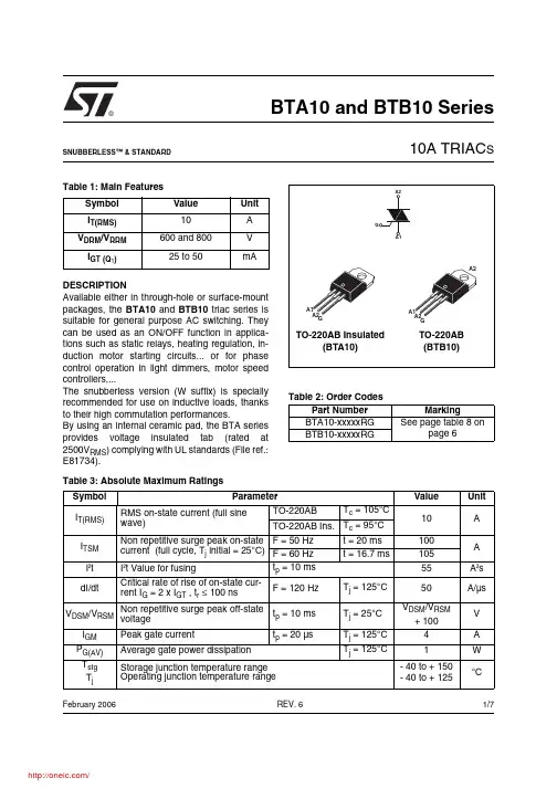 BTA10-600CRG;BTA10-600BWRG;BTA10-600BRG;BTA10-400BRG;BTA10-800BWRG;中文规格书,Datasheet资料