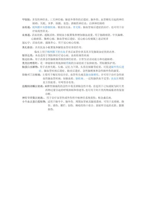 神经内科常用药物名称及作用