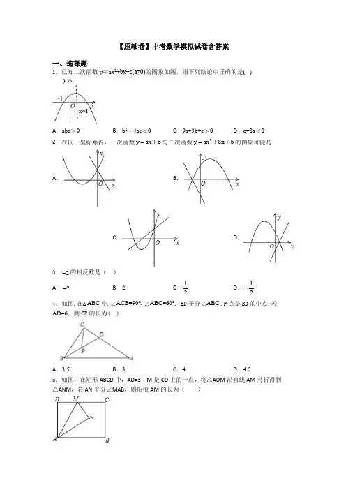 【压轴卷】中考数学模拟试卷含答案