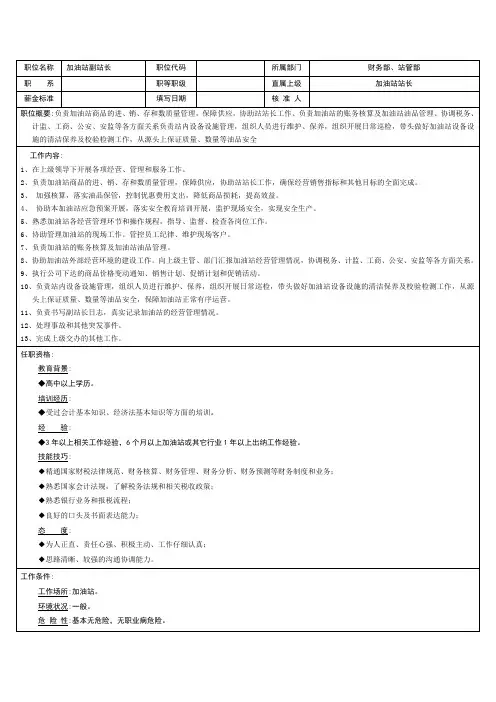 下属加油站副站长岗位说明书