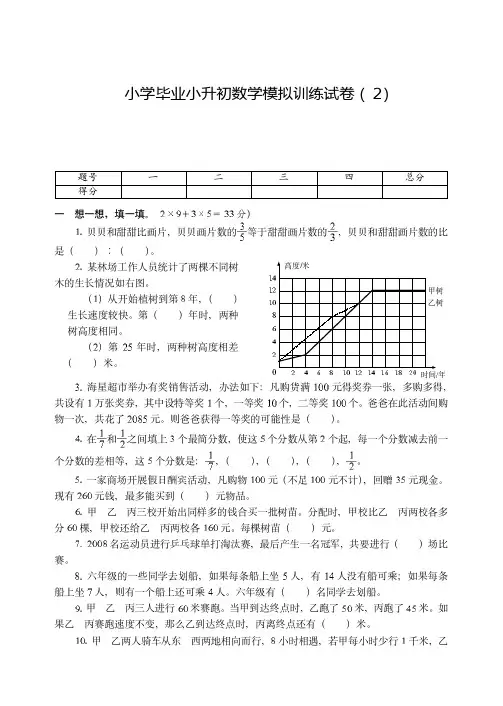 常州市2019-2020小学毕业小升初数学模拟训练试卷附试题详细答案( 2)
