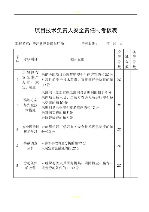 项目管理人员安全生产责任制考核表
