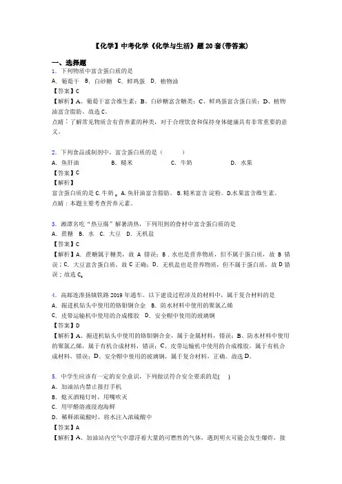 【化学】中考化学《化学与生活》题20套(带答案) 2