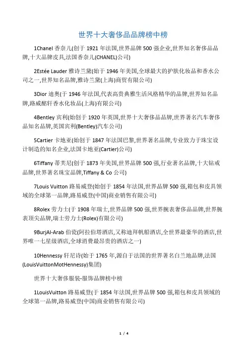 世界十大奢侈品品牌榜中榜,世界十大奢侈服装世界十大名牌化妆品世界十大珠宝钻戒水晶品牌榜中榜