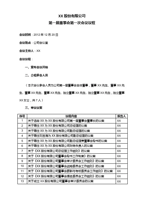 第一届董事会第一次会议议程