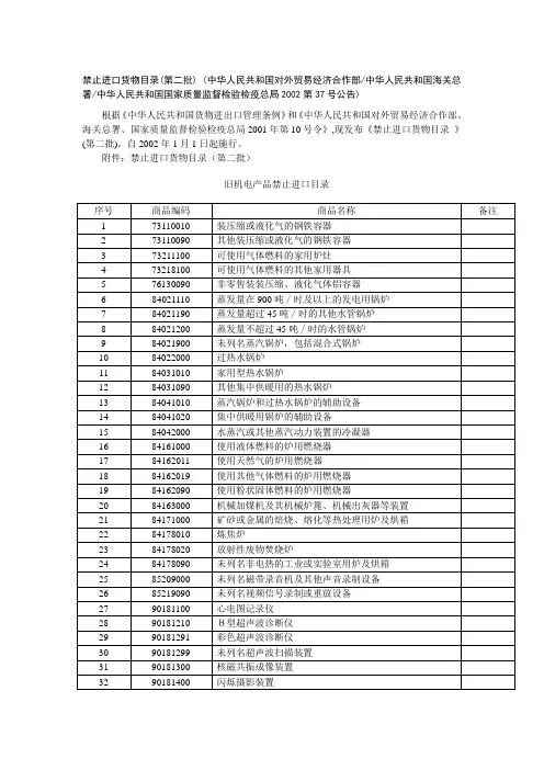 禁止进口货物目录(第二批) (中华人民共和国贸经部 海关总署 质量监督检验检疫总局2002第37号公告)