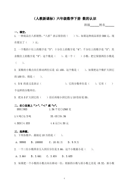 新人教版六年级数学下册 数的认识