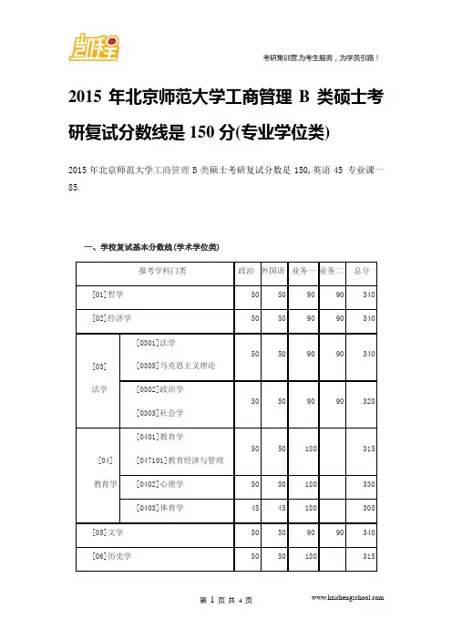 2015年北京师范大学工商管理B类硕士考研复试分数线是150分(专业学位类)