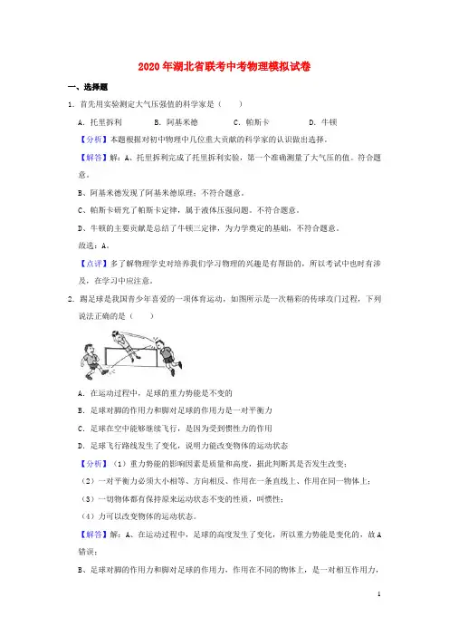 湖北省2020年中考物理模拟试题(含解析)