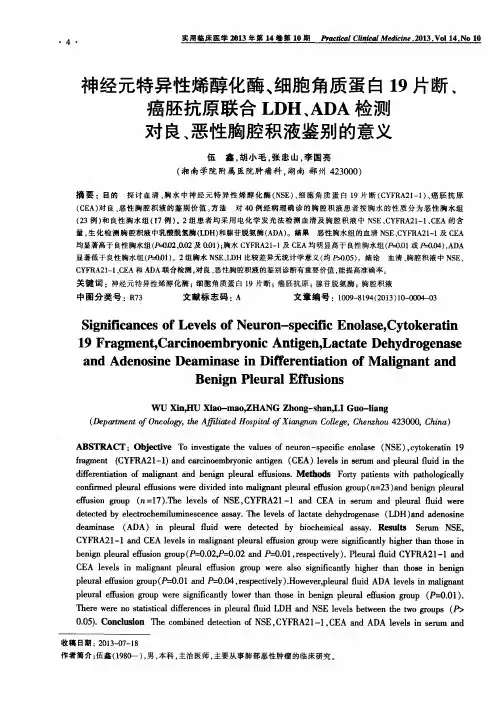 神经元特异性烯醇化酶、细胞角质蛋白19片断、癌胚抗原联合LDH、ADA检测对良、恶性胸腔积液鉴别的意义