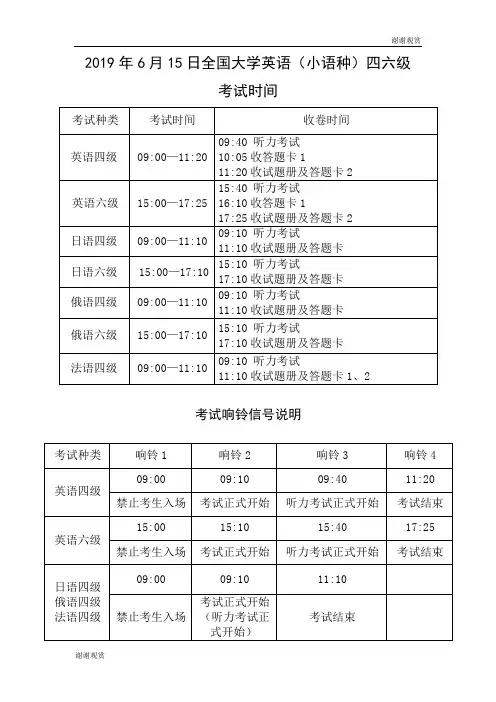 2019年6月15日全国大学英语(小语种)四六级考试时间.doc